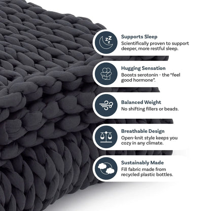 Charcoal chunky knit weighted blanket with sleep, hugging, breathable, sustainable benefits.