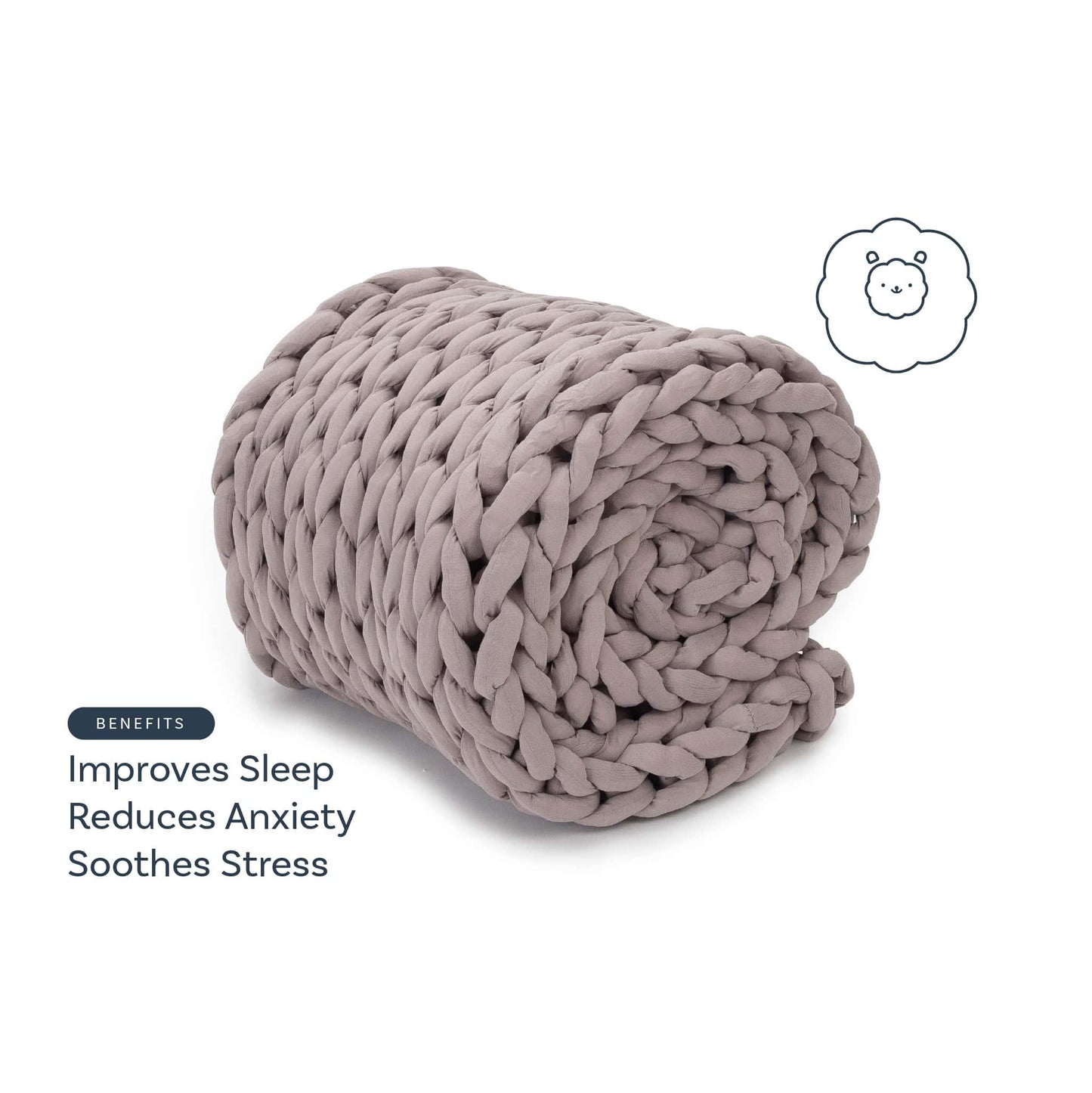 Chunky dusty rose weighted blanket rolled up, benefits text, cozy sleep support product