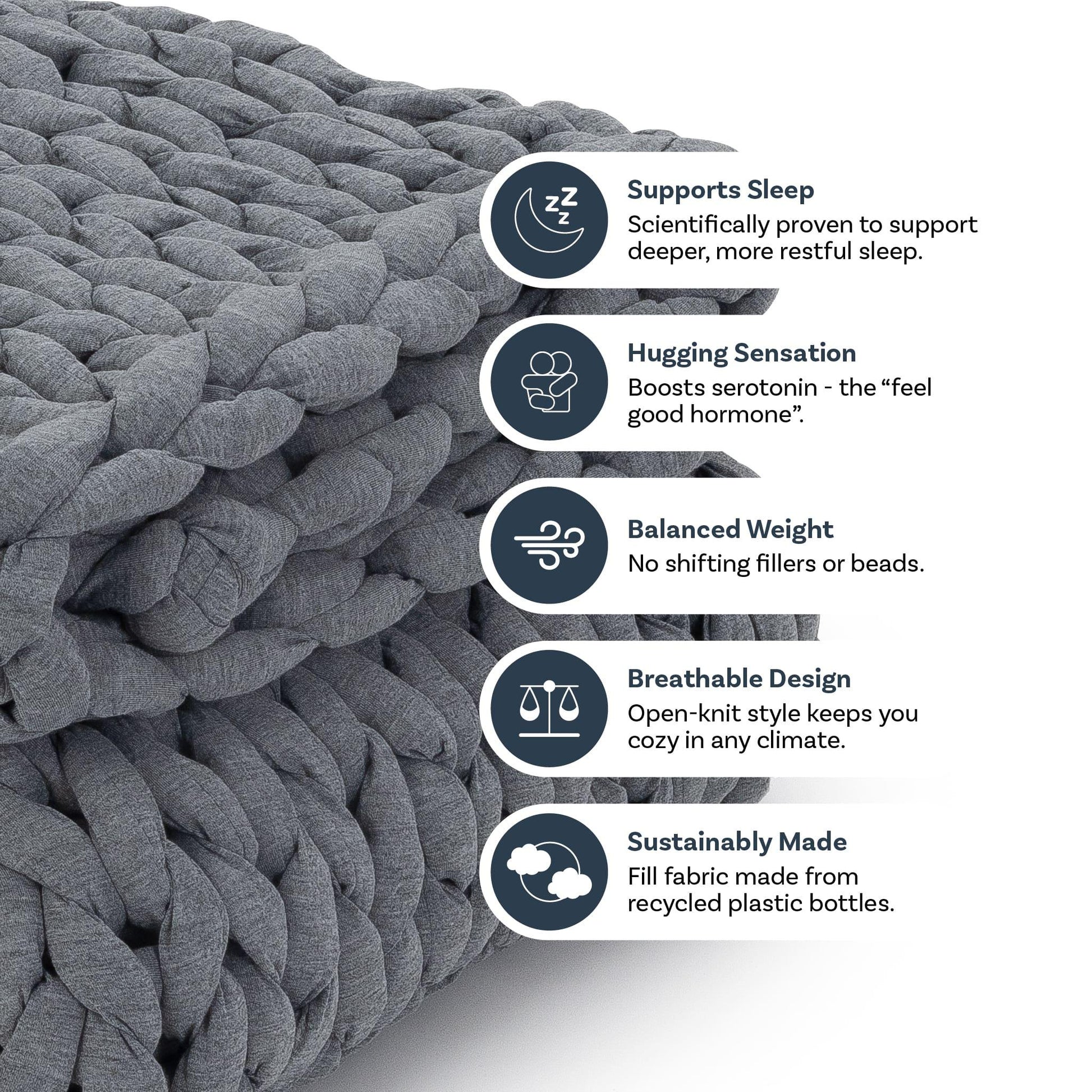 Chunky knit heather grey weighted blanket with text highlighting sleep support, hugging sensation, balanced weight, breathable and sustainable design.