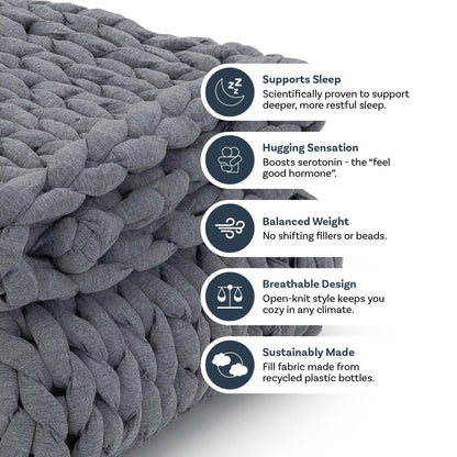 Chunky knit heather grey weighted blanket with text highlighting sleep support, hugging sensation, balanced weight, breathable and sustainable design.
