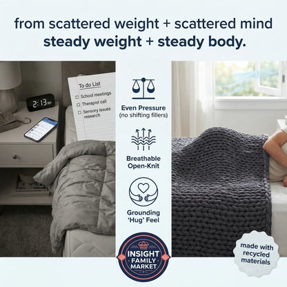 Chunky knit weighted blanket on bed, sleep support benefits, calming for sensory needs