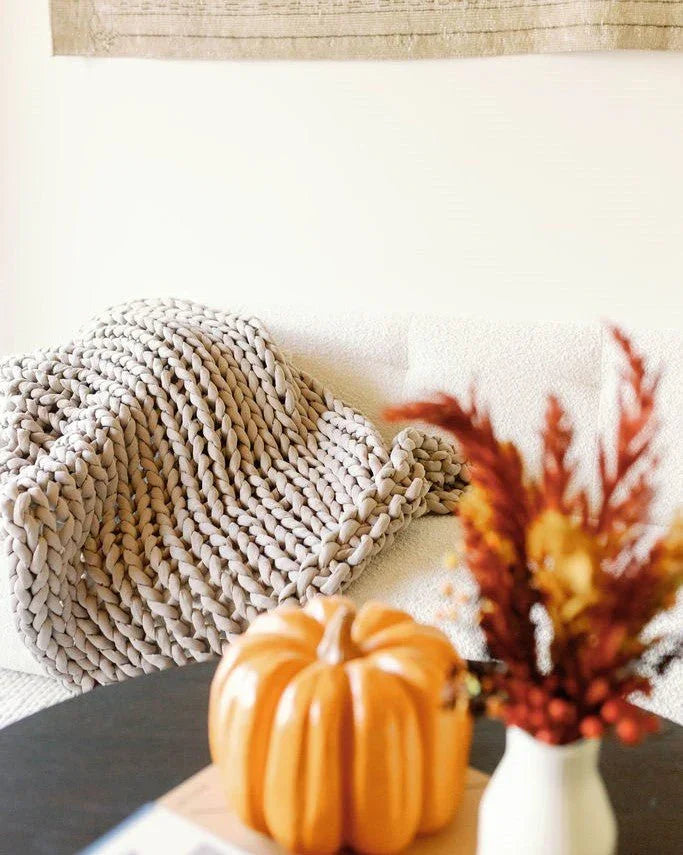 Chunky taupe knit blanket on couch with ceramic pumpkin and autumn flowers in cozy living room