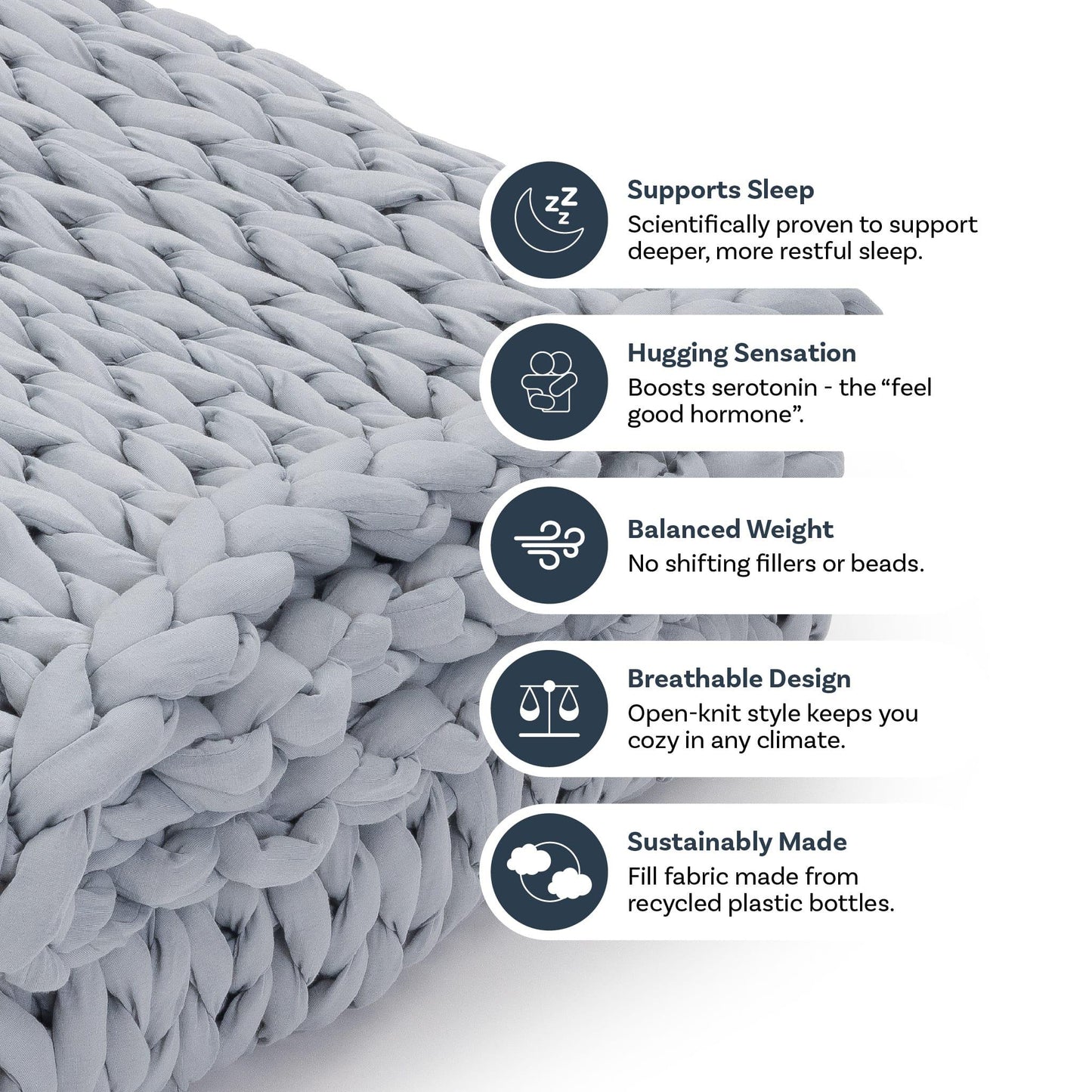 Close-up of a misty grey chunky knit weighted blanket, highlighting features like sleep support, breathable open-knit design, balanced weight, hugging sensation, and sustainable recycled fabric.