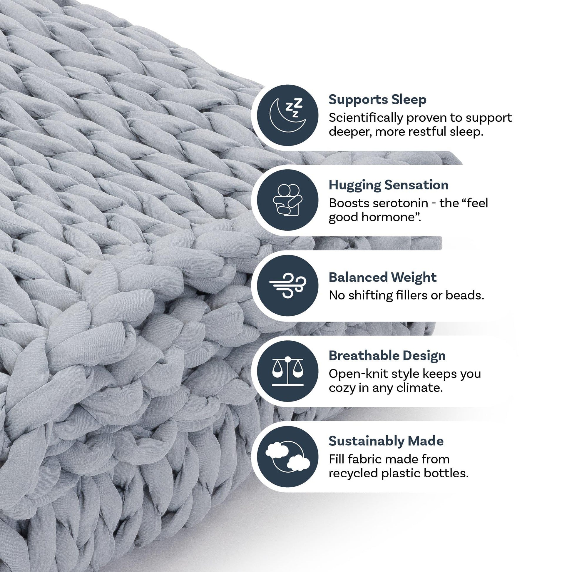 Close-up of a misty grey chunky knit weighted blanket, highlighting features like sleep support, breathable open-knit design, balanced weight, hugging sensation, and sustainable recycled fabric.