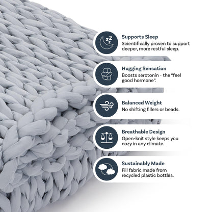 Close-up of a misty grey chunky knit weighted blanket, highlighting features like sleep support, breathable open-knit design, balanced weight, hugging sensation, and sustainable recycled fabric.