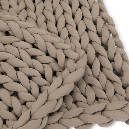 Closeup of taupe chunky knit sensory-friendly weighted blanket, soft woven texture