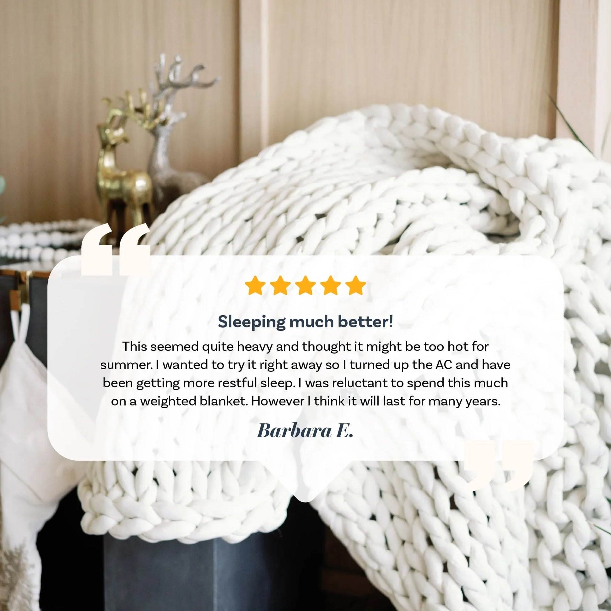 Cream chunky knit weighted blanket draped on chair with positive customer review overlay.