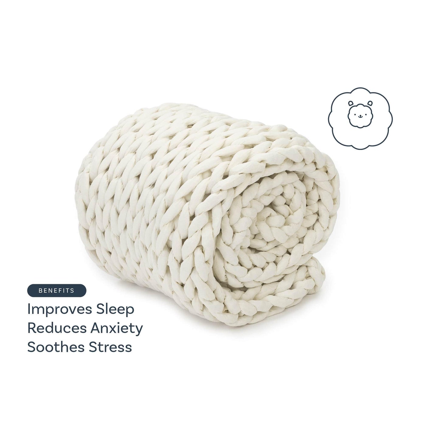 Cream chunky knit weighted blanket rolled up, text highlights sleep and stress benefits.