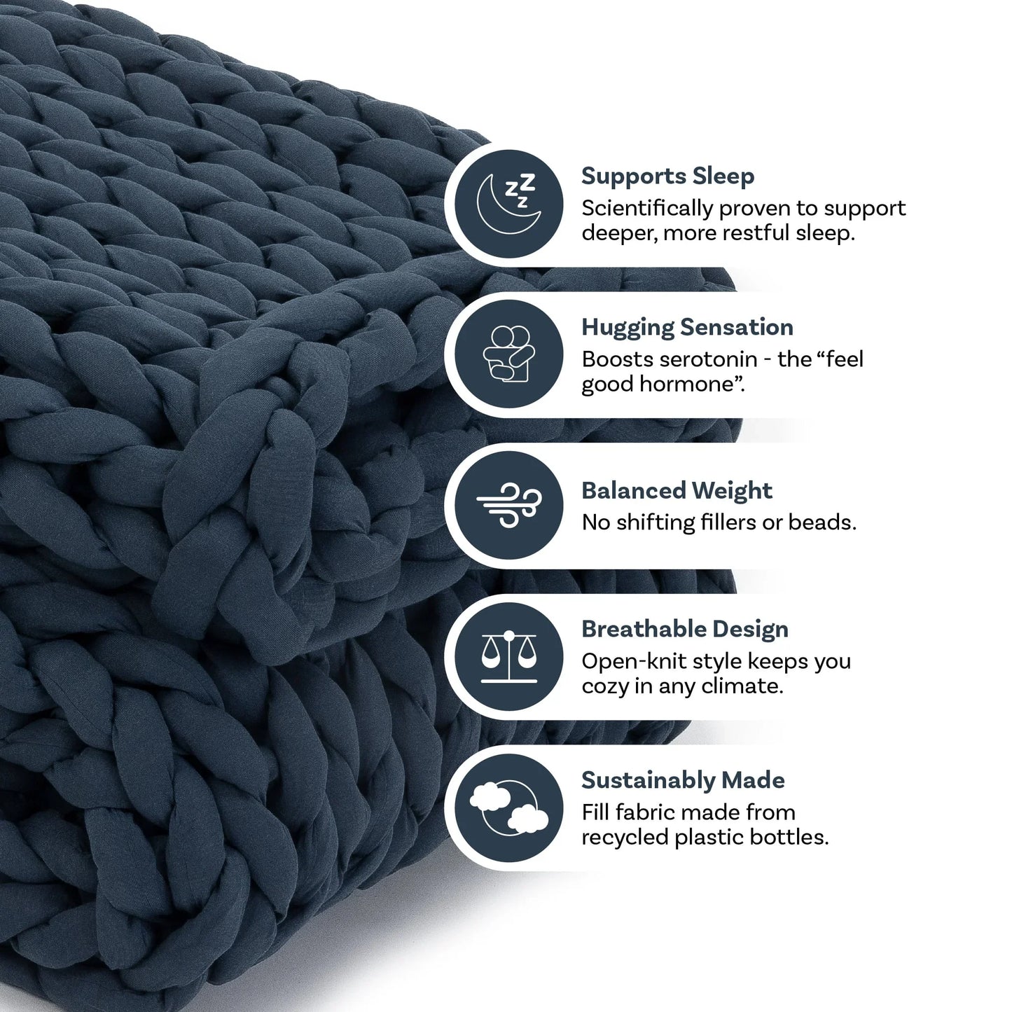 Dusty blue chunky knit weighted blanket with text highlighting sleep support, hugging sensation, balanced weight, breathable design, and sustainable fabric.
