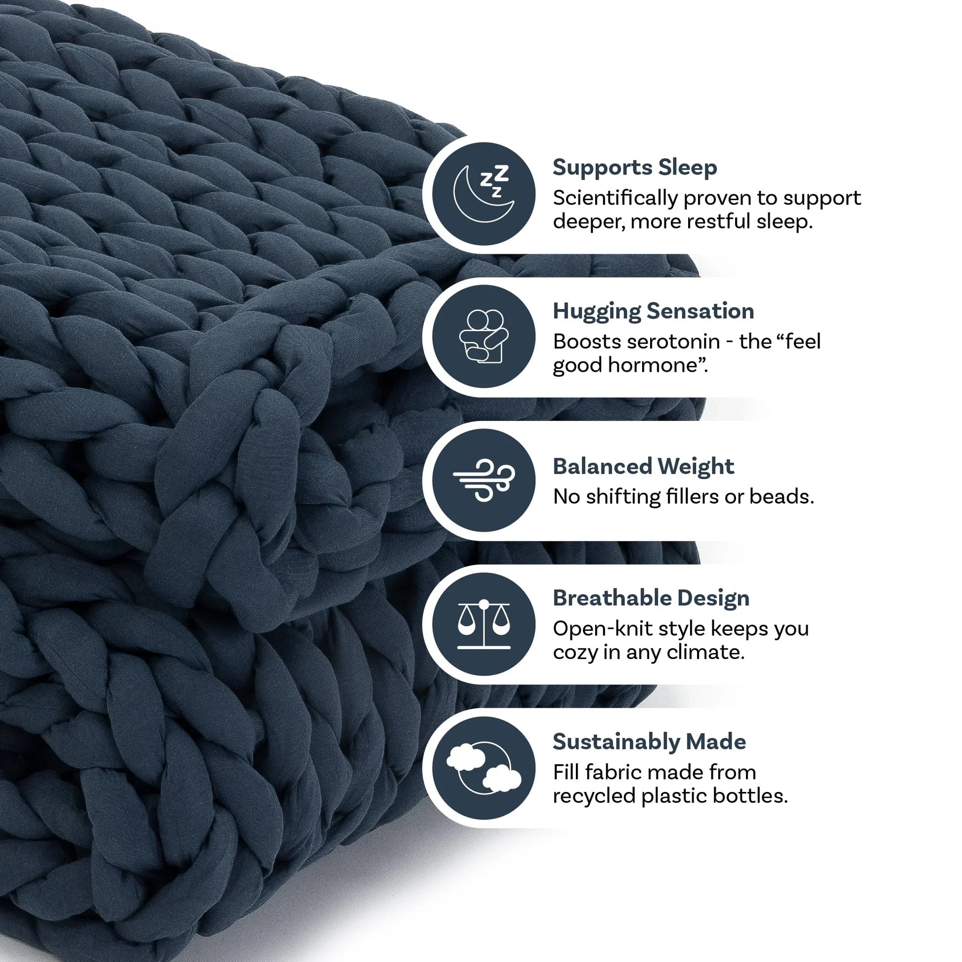 Dusty blue chunky knit weighted blanket with text highlighting sleep support, hugging sensation, balanced weight, breathable design, and sustainable fabric.