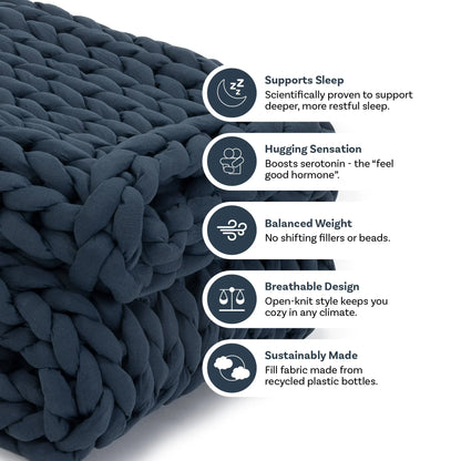Dusty blue chunky knit weighted blanket with text highlighting sleep support, hugging sensation, balanced weight, breathable design, and sustainable fabric.