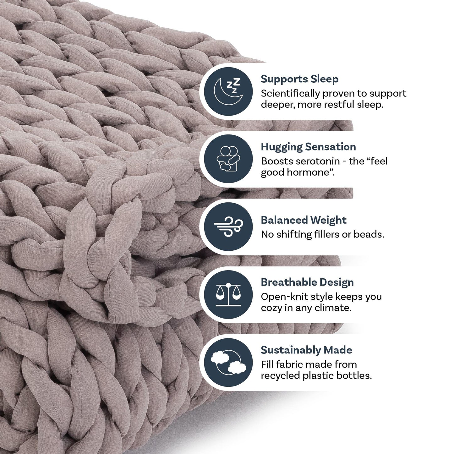 Dusty rose chunky knit weighted blanket with sleep, comfort, and eco-friendly feature icons.