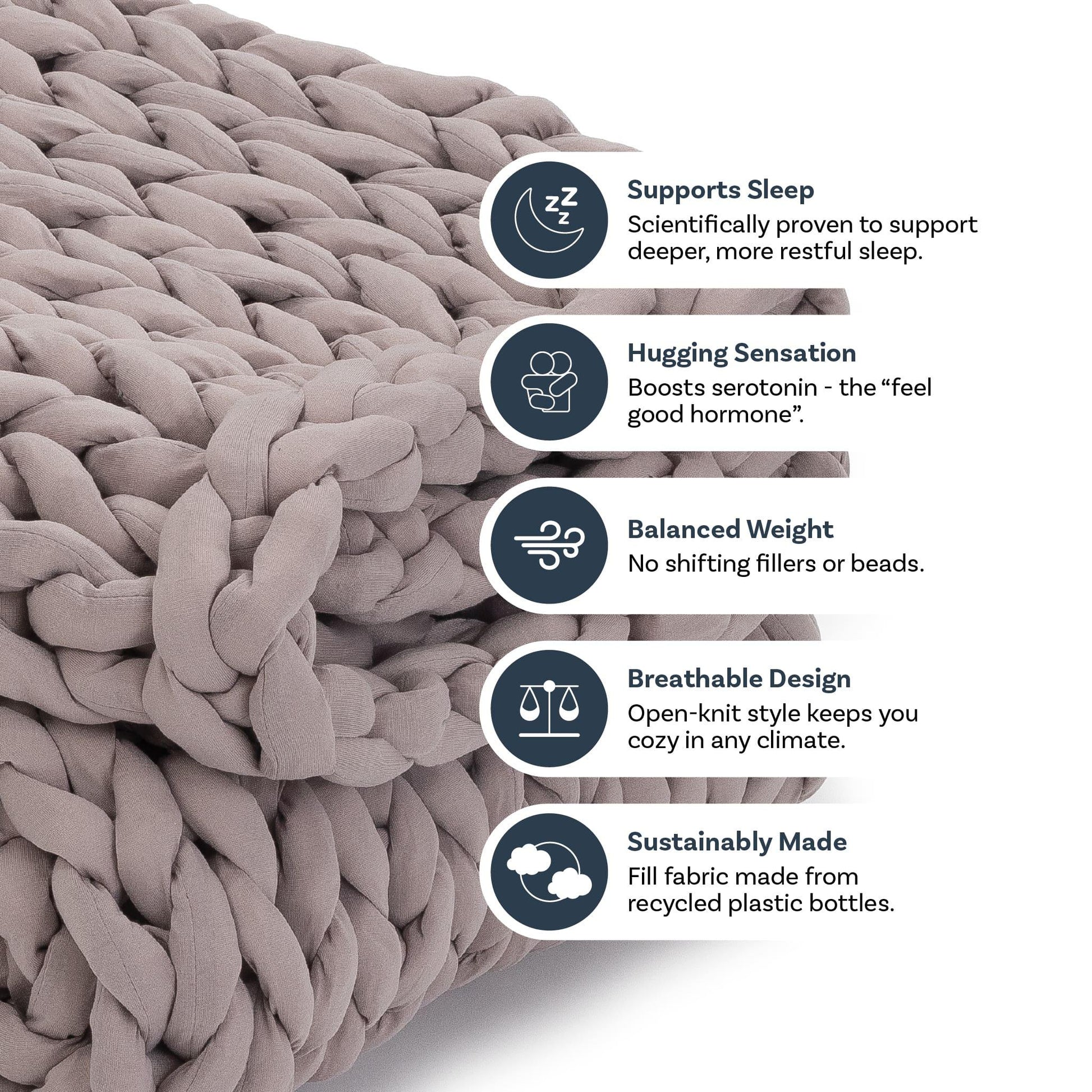 Dusty rose chunky knit weighted blanket with sleep, comfort, and eco-friendly feature icons.