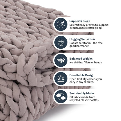 Dusty rose chunky knit weighted blanket with sleep, comfort, and eco-friendly feature icons.