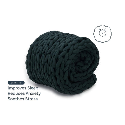 Forest green chunky knit weighted blanket rolled, benefits listed: improves sleep, reduces anxiety, soothes stress.