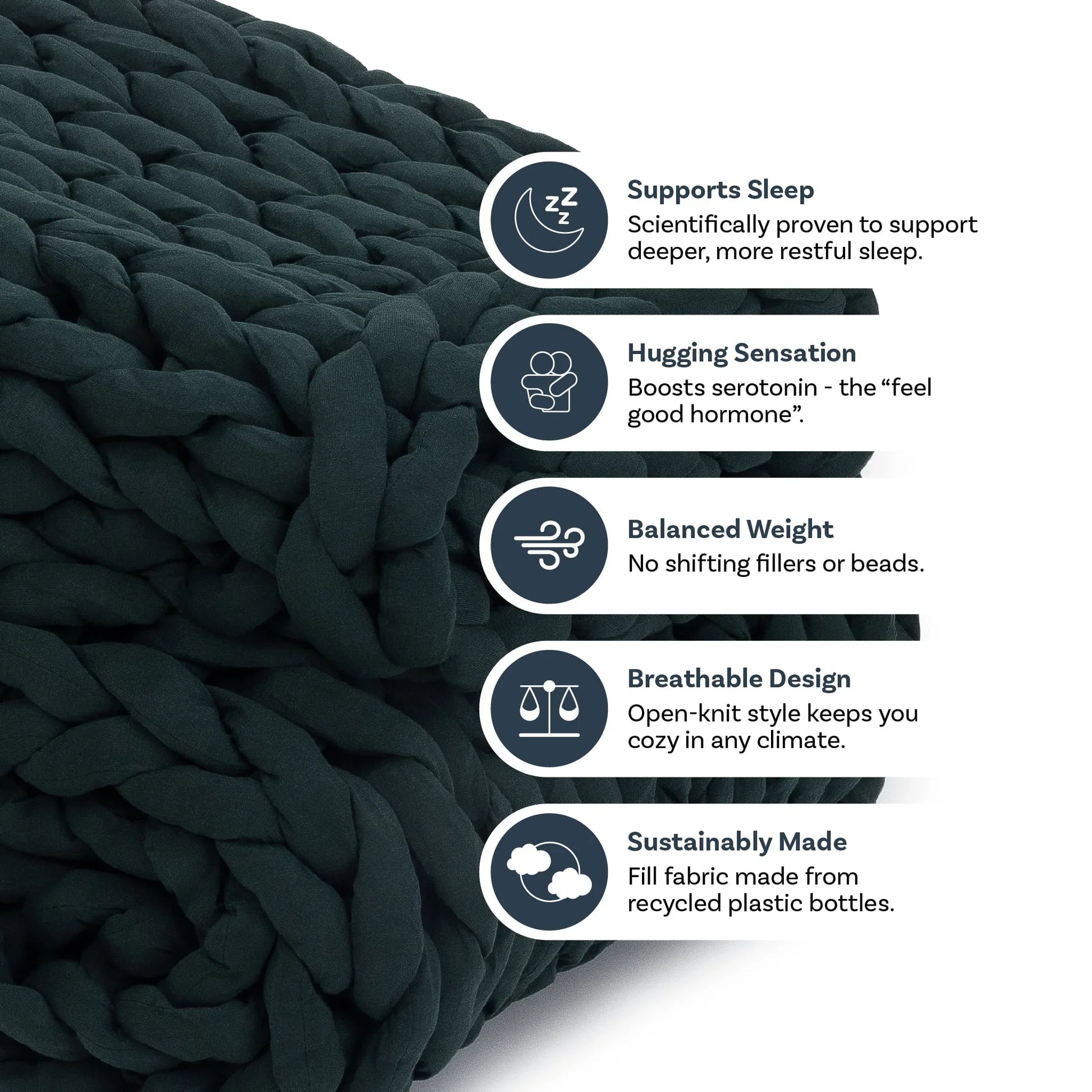 Forest green chunky knit weighted blanket with sleep, hugging sensation, breathable, and eco-friendly features highlighted.
