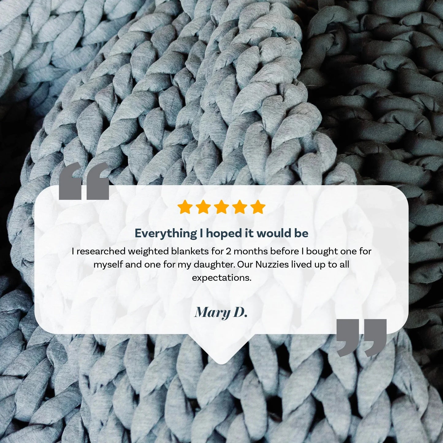 Gray chunky knit weighted blanket with customer testimonial and five-star review overlay.