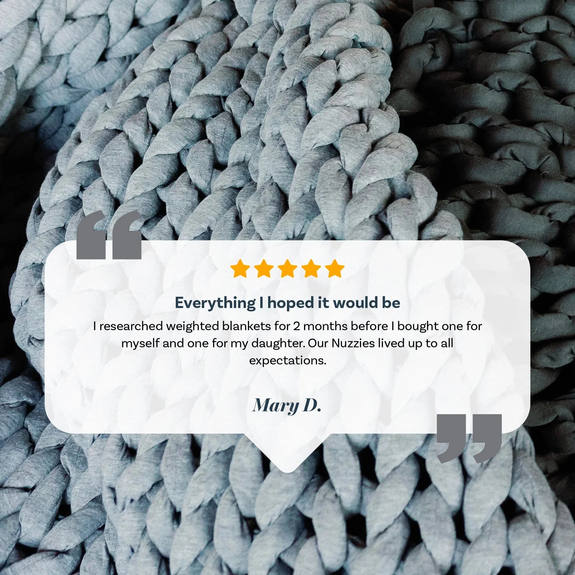 Gray chunky knit weighted blanket with customer testimonial and five-star review overlay.
