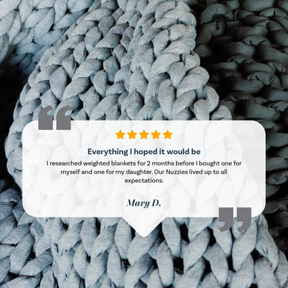 Gray chunky knit weighted blanket with customer testimonial and five-star review overlay.