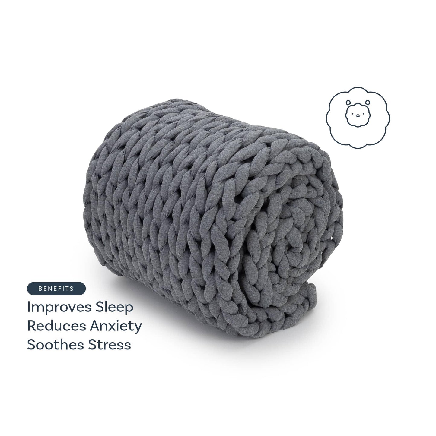 Heather grey chunky weighted blanket rolled up, benefits listed: improves sleep, reduces anxiety, soothes stress.