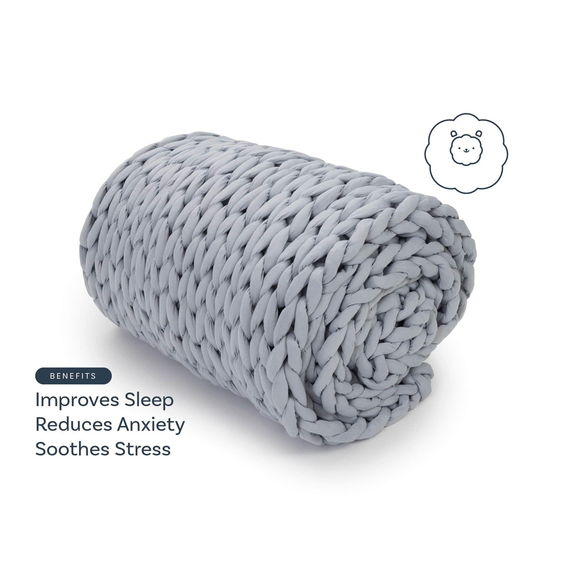 Light grey chunky knit weighted blanket, rolled, with text highlighting sleep and stress benefits.