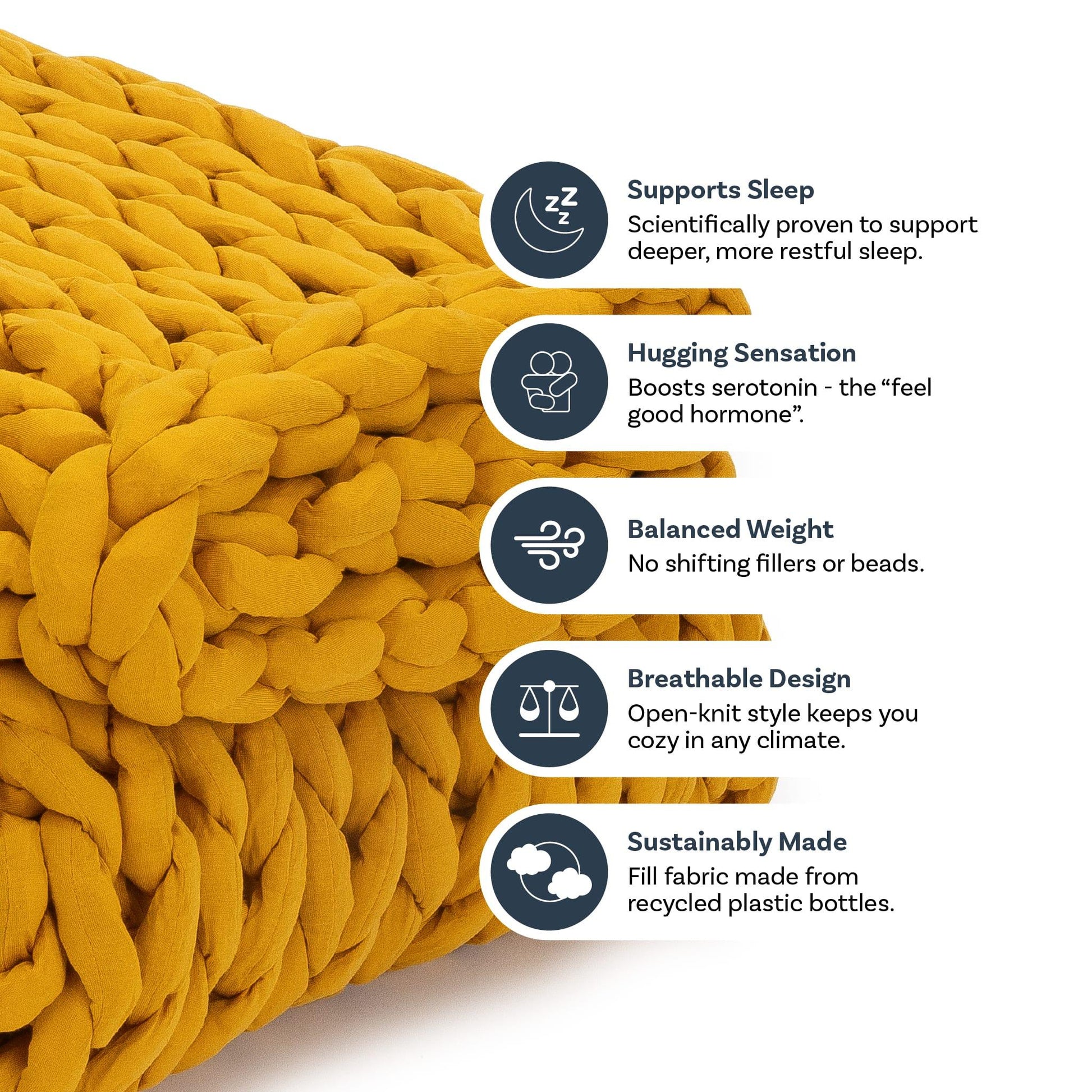 Marigold chunky knit weighted blanket with sleep, serotonin, breathable, and eco-friendly benefits displayed.