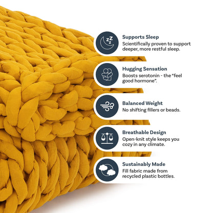 Marigold chunky knit weighted blanket with sleep, serotonin, breathable, and eco-friendly benefits displayed.