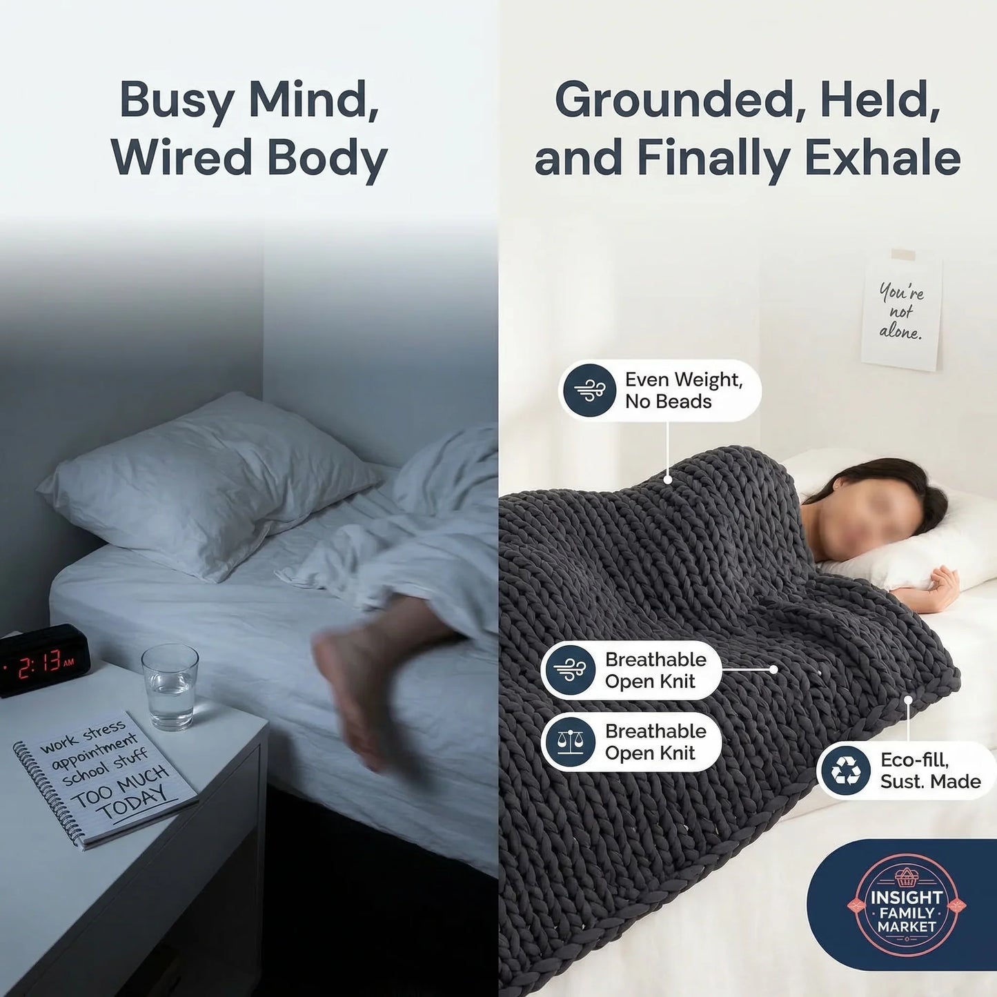 Person lying in bed with a blanket, transitioning from 'Busy Mind, Wired Body' to 'Grounded, Held, and Finally Exhale'.