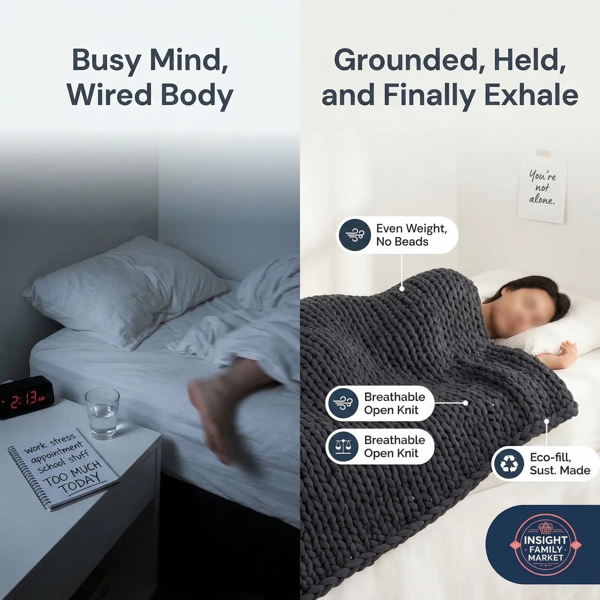 Person lying in bed with a blanket, transitioning from 'Busy Mind, Wired Body' to 'Grounded, Held, and Finally Exhale'.