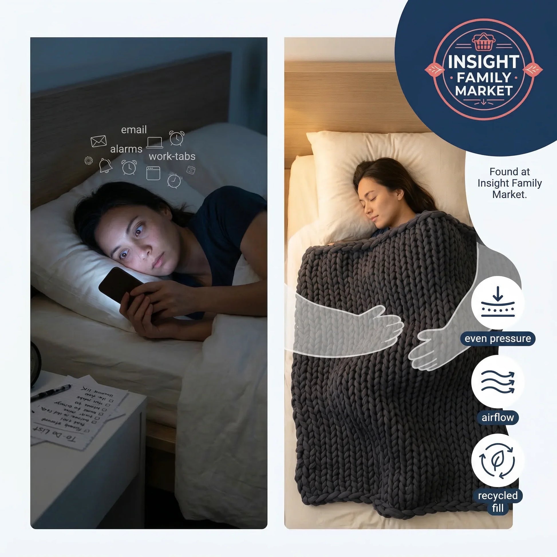 Person using a smartphone at night and a person sleeping under a weighted blanket with Insight Family Market branding.