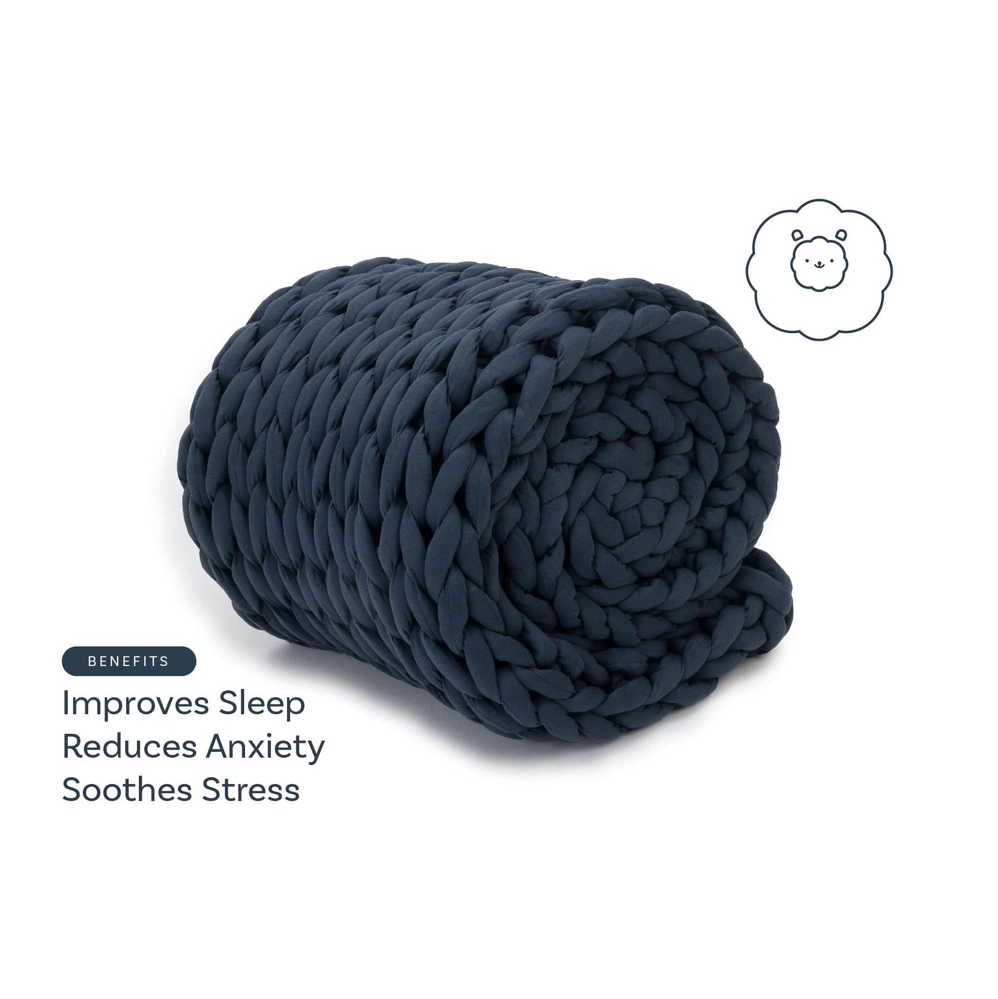 Rolled chunky knit dusty blue weighted blanket on white background, benefits listed: improves sleep, reduces anxiety, soothes stress.