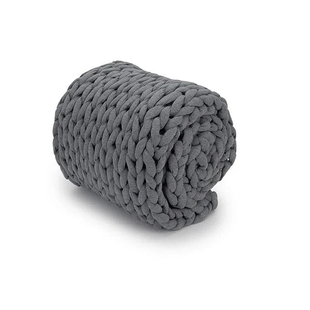 Rolled chunky knit gray weighted blanket, sensory-friendly bedding for calming support