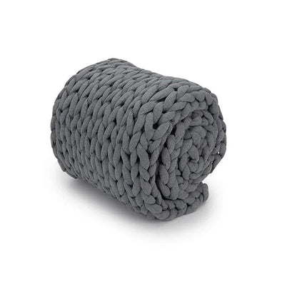 Rolled chunky knit gray weighted blanket, sensory-friendly bedding for calming support