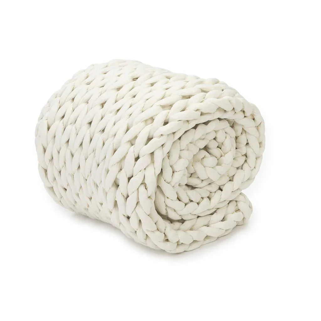 Rolled chunky knit weighted blanket in soft white, sensory-friendly and cozy design