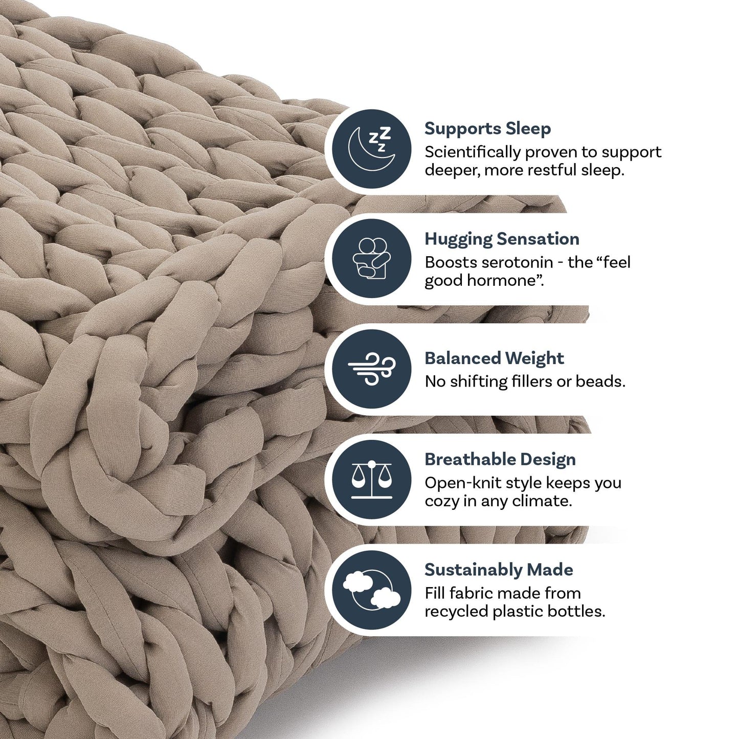 Taupe chunky knit weighted blanket with icons highlighting sleep support, hugging sensation, balanced weight, breathable, and eco-friendly features.