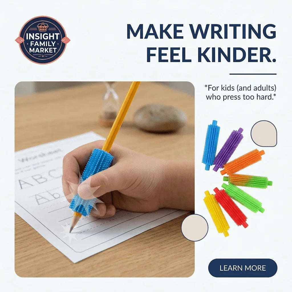 Child using a pencil with a blue squishy grip, colorful pencil grips shown nearby, sensory writing aid.
