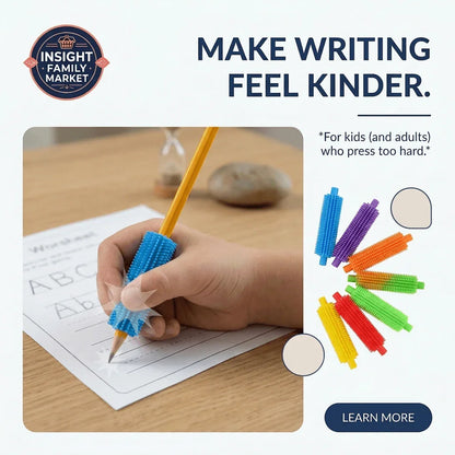 Child using a pencil with a blue squishy grip, colorful pencil grips shown nearby, sensory writing aid.