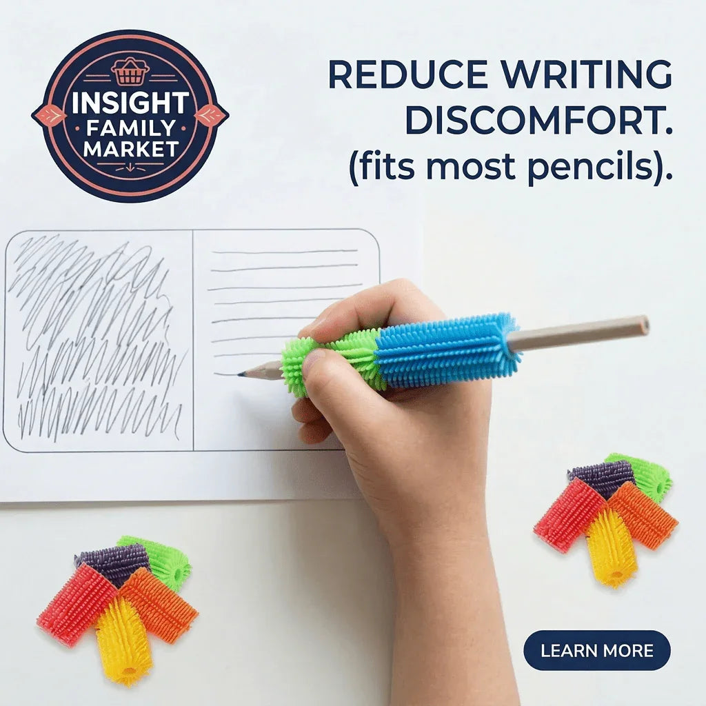 Child using a textured pencil grip sensory tool for comfortable writing support.