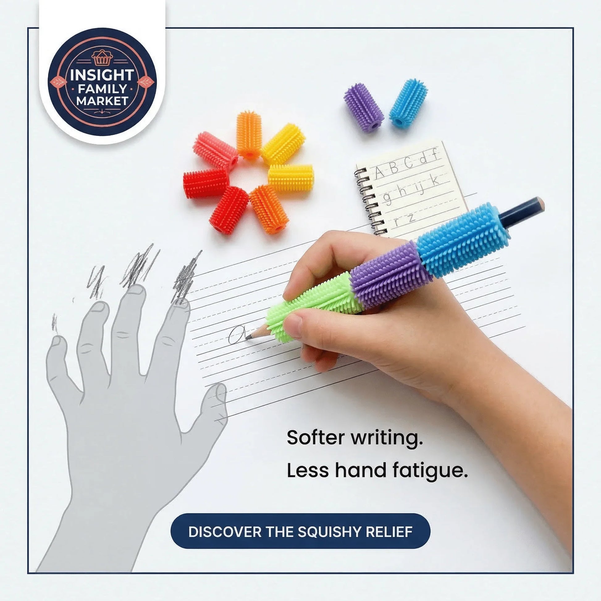 Child writing with a pencil grip, colorful sensory pencil toppers, and lined paper.