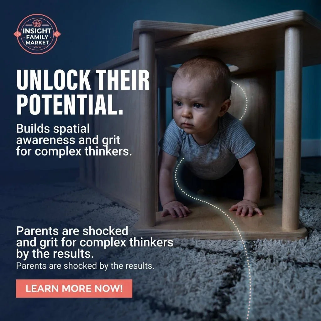 Baby crawling through wooden play structure, promotes spatial awareness and complex thinking skills.