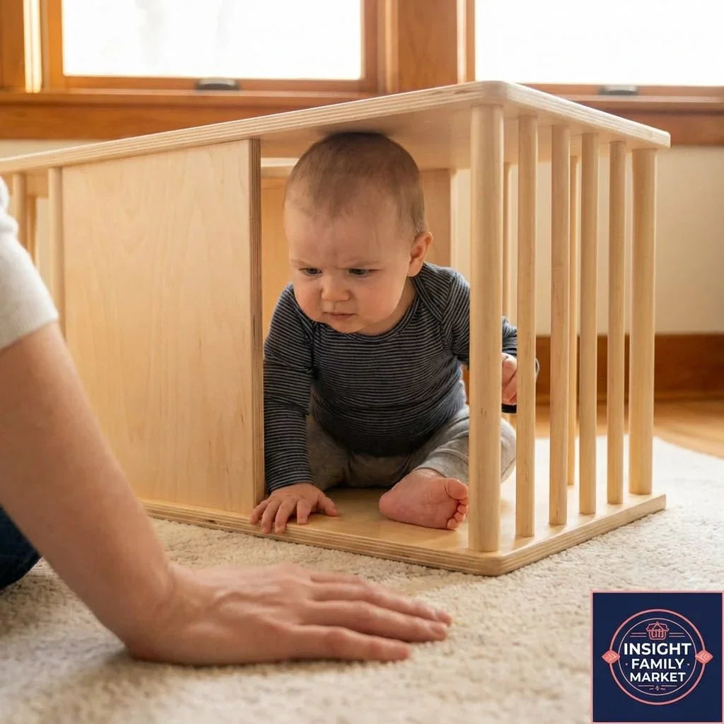 Baby crawling through wooden sensory play cube in sunlit room, engaging in developmental play