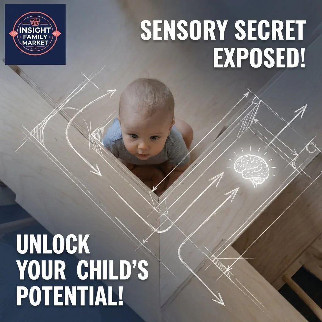 Baby exploring wooden sensory maze with arrows, promoting sensory development and learning.