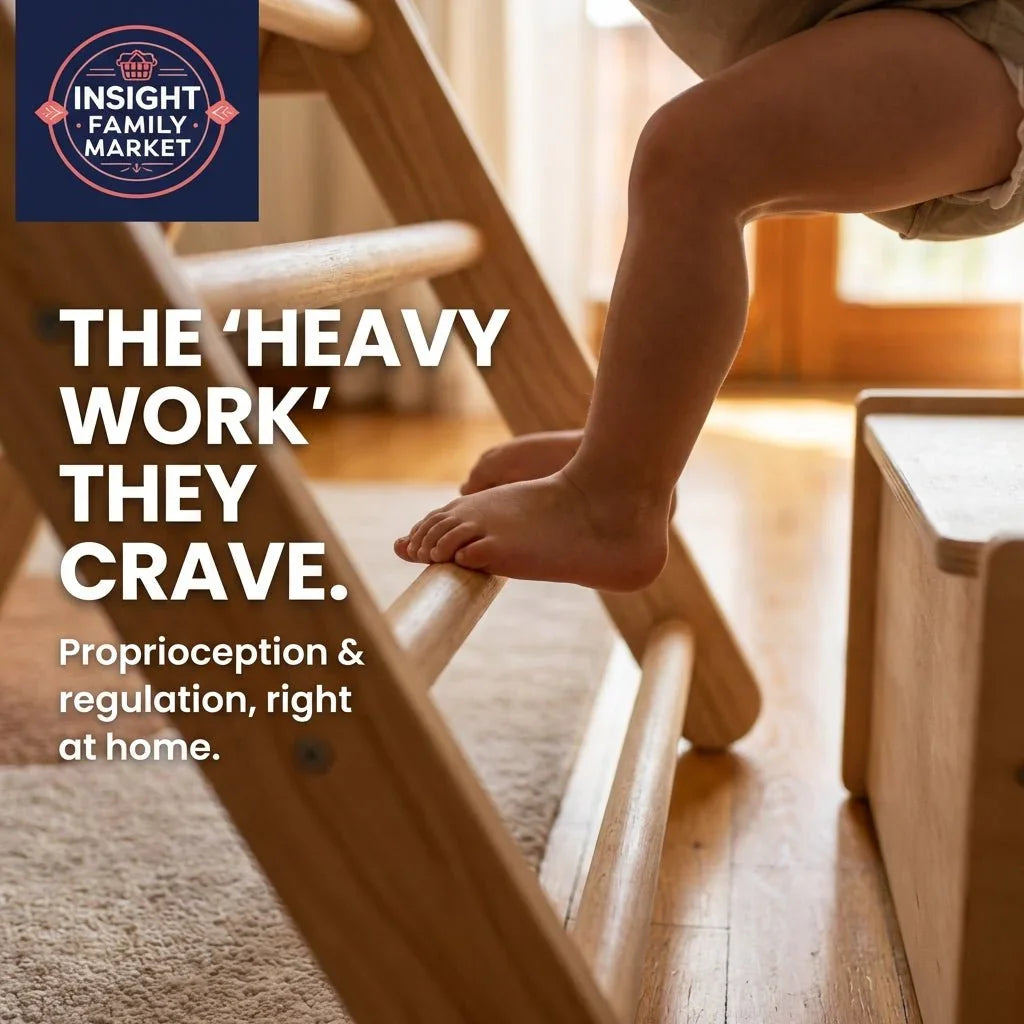 Child climbing wooden sensory ladder at home, promoting proprioceptive activity for regulation.