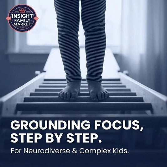 Child in striped pants balancing barefoot on sensory ladder, promoting grounding focus for kids.