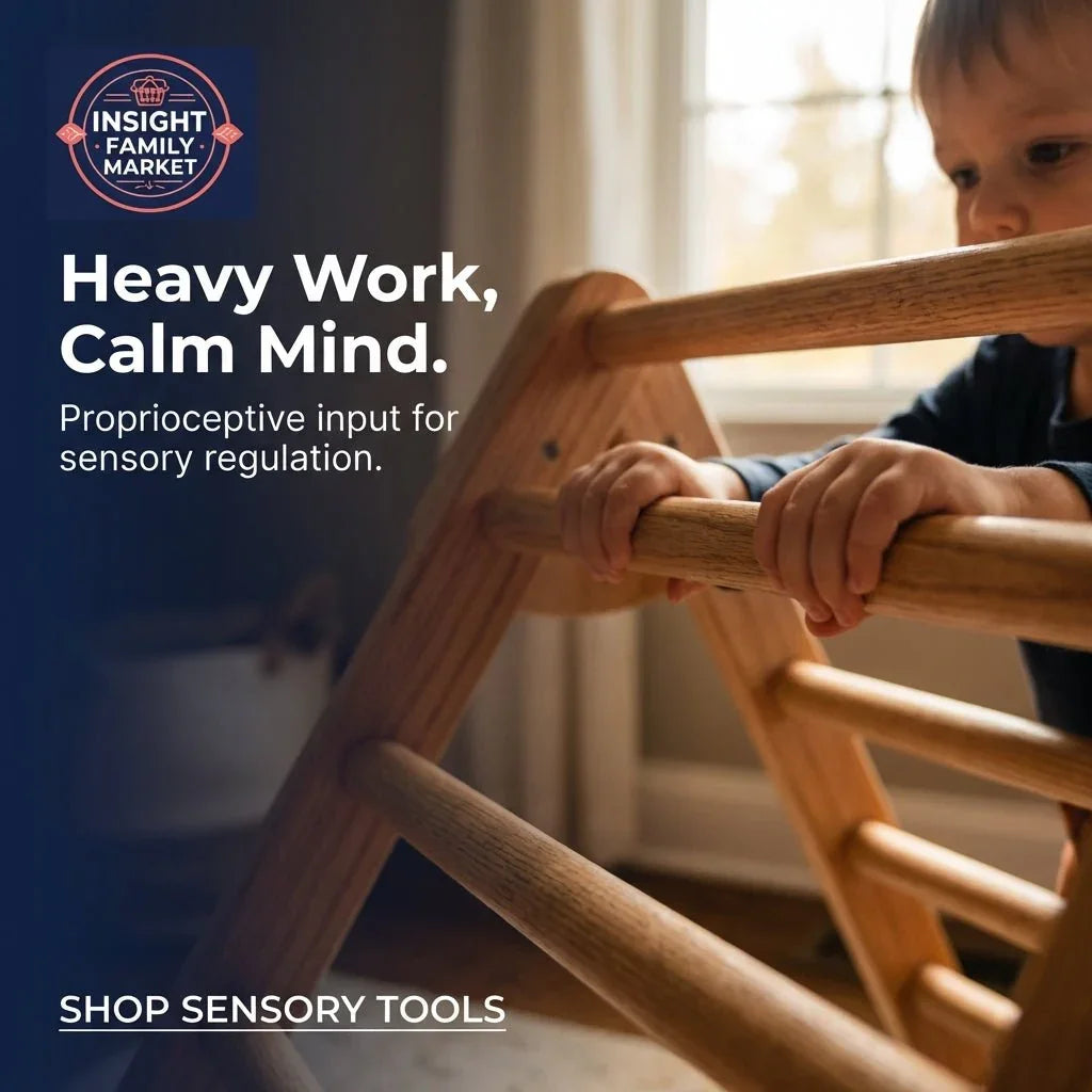 Child using wooden sensory climbing ladder for proprioceptive input at home