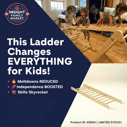 Children climbing wooden sensory ladder, indoor play equipment for motor skills development.