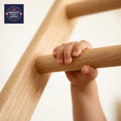 Child's hand gripping a wooden sensory ladder for kids' motor skill development