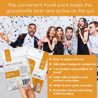 Promotional image of a travel pack for hangover relief with people celebrating in the background.