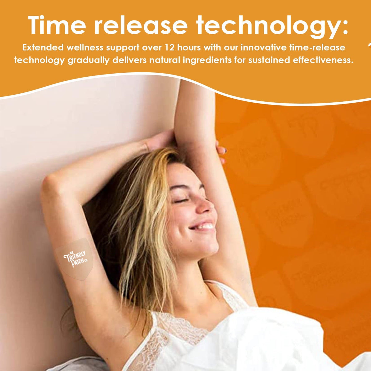Woman relaxing on a couch with text about time-release technology for wellness support.