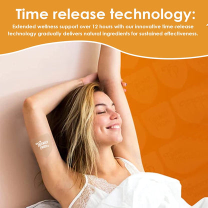 Woman relaxing on a couch with text about time-release technology for wellness support.